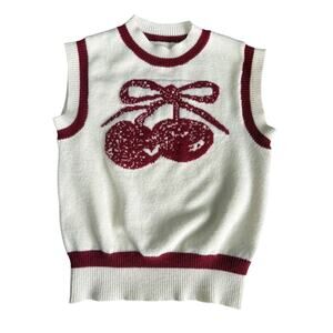 Y2K Cherry Knit Sweater Vest S Logo Graphic Coquette Preppy Sleeveless Cream Red